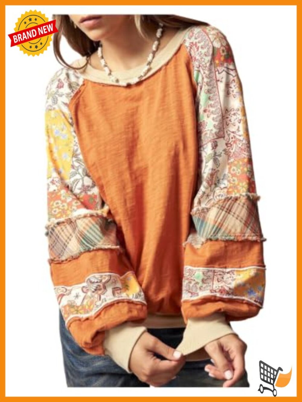 Oversized Colorblock Boho Crewneck Sweatshirt Drop Shoulder Floral Decor